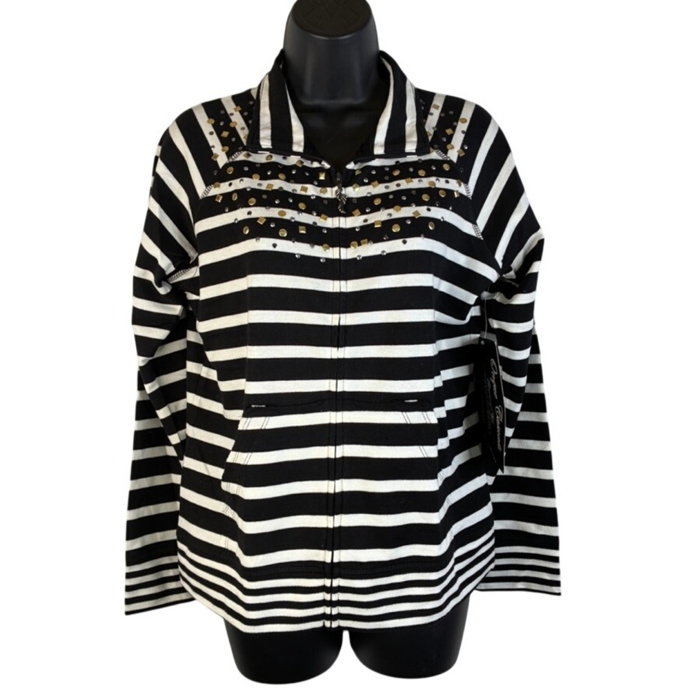 Onque Casuals Women's Black White Striped Studded Zip Up Sweatshirt Small Y2K